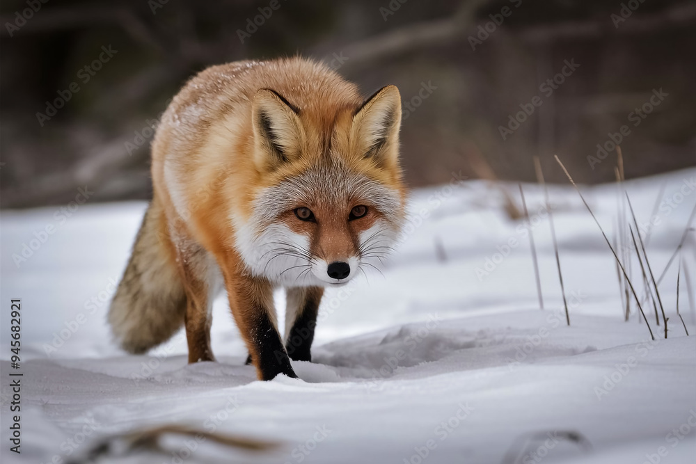 Fototapeta premium a red fox as it prowls through the snow