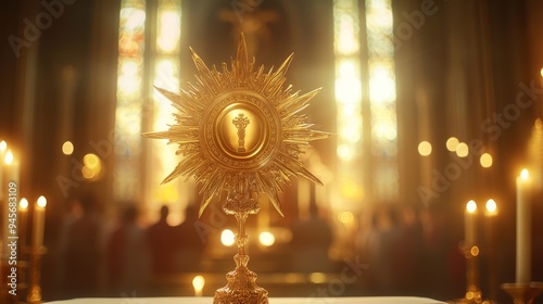 In a Catholic church, a golden monstrance serves as an altar for worship and Eucharistic adoration photo