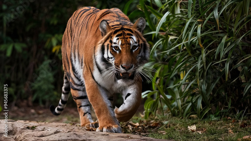 a tiger as it steps out from the dense foliage