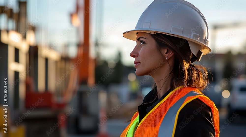 A woman in a hard hat and safety vest observes a construction site during sunset. A woman in a hard hat and safety vest observes a construction site during sunset.