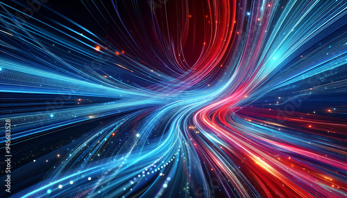 Abstract digital artwork featuring vibrant blue and red light trails swirling against a dark background with glowing dots that add depth and dimension to the design