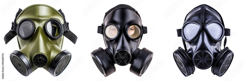 Collection of industrial safety gas masks in various colors including green black and gray isolated on transparent background Collection of industrial safety gas masks in various colors including green black and gray isolated on transparent background