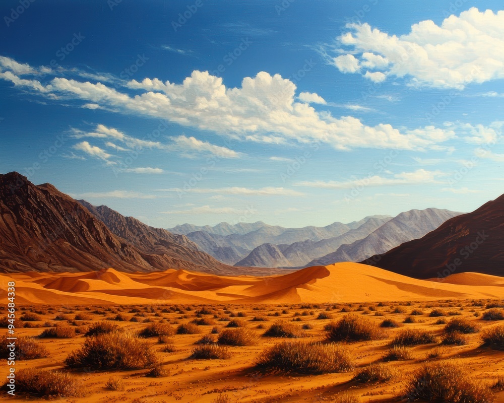 Naklejka premium Expansive Desert Landscape Under Vibrant Blue Skies During a Sunny Day Amidst Mountain Range