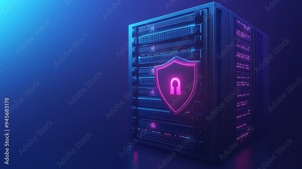 Secure server with illuminated lock icon symbolizing cybersecurity, data protection, and network encryption in dark blue background. Secure server with illuminated lock icon symbolizing cybersecurity, data protection, and network encryption in dark blue background.
