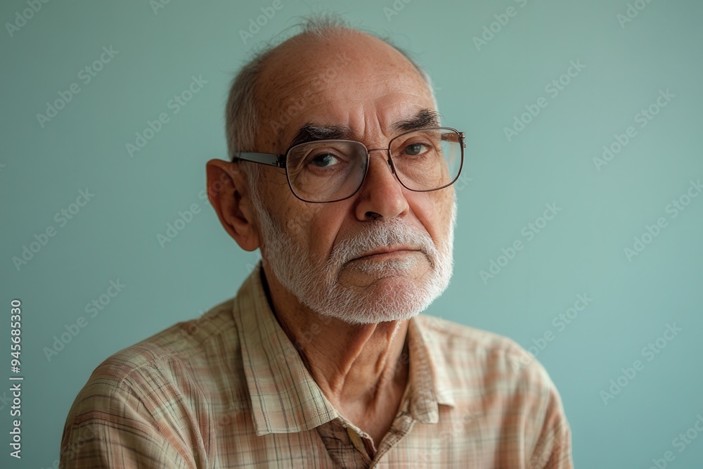 An elderly man gazes thoughtfully while wearing glasses, showcasing a reflective expression against a calming green backdrop. Generative AI An elderly man gazes thoughtfully while wearing glasses, showcasing a reflective expression against a calming green backdrop. Generative AI