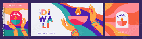 Diwali Hindu festival of lights greeting design set with oil lamp on bright waves and hands holding diya. Trendy holiday background for branding, greeting card, web banner, cover, flyer or poster