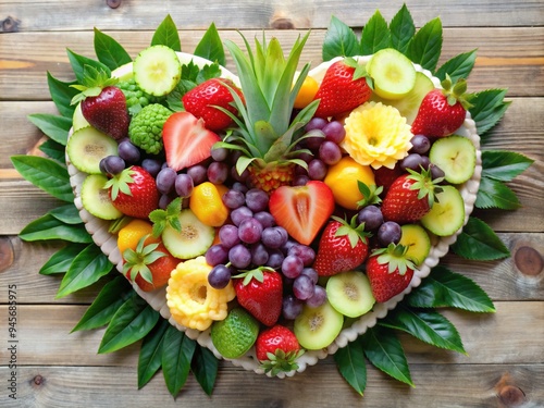 Vibrant arrangement of fresh strawberries, grapes, and pineapple slices surrounding a delicate heart-shaped centerpiece, adorned with lush green leaves and pastel-colored flowers. photo