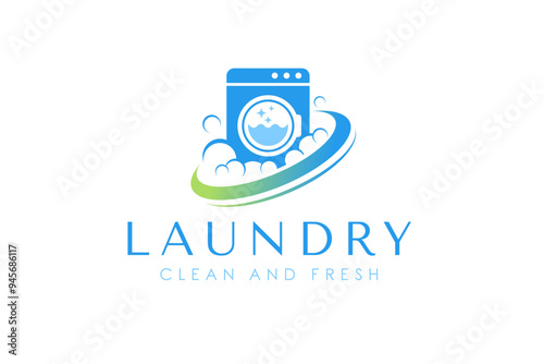 Laundry logo design template. Washing machine with bubbles illustration concept for laundry logo