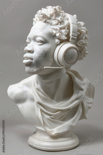 stone bust sculpture of black man with headphones gamer headset minimalist background
