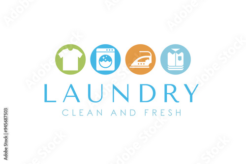 Creative laundry logo design template. Washing machine, clothes, iron, and folded clothes icon