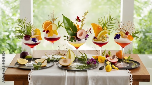 Freshening esthetic cocktails with fresh fruits and plants as decorations, concept photo