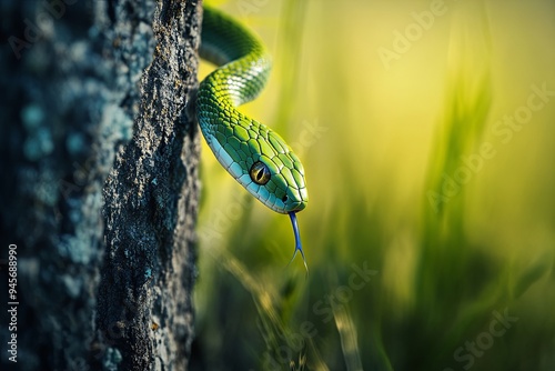 Green snake with blue tongue winding around a tree trunk in the forest. photo