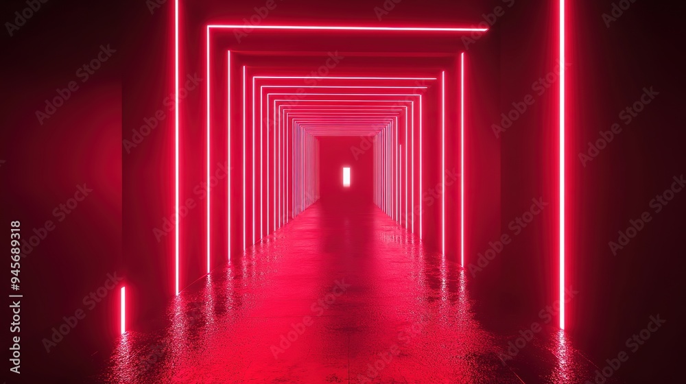 Fototapeta premium Red neon lights illuminate a modern corridor with geometric patterns in an urban setting
