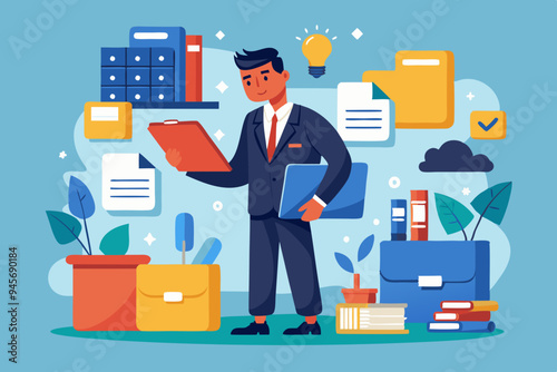 Organize files folder or archive document to be index, administration work, plan or file management, arrange online data or paperwork concept, businessman organize document file into archive folders
