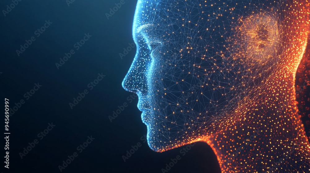 An abstract depiction of a humanoid robot's head in a futuristic low-poly wireframe style, made up of glowing dots and thin lines. This close-up side view of an asexual bot or cyborg highlights the co An abstract depiction of a humanoid robot's head in a futuristic low-poly wireframe style, made up of glowing dots and thin lines. This close-up side view of an asexual bot or cyborg highlights the co