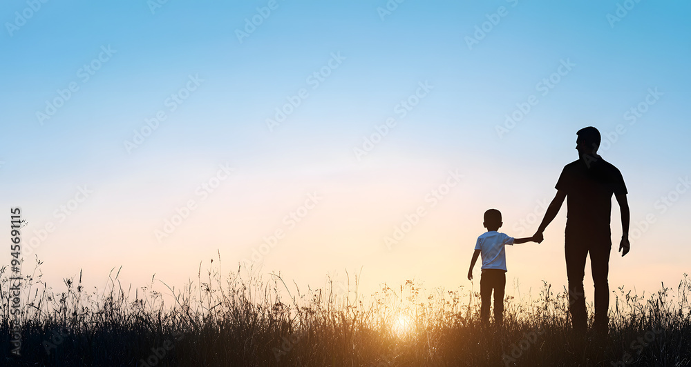 Silhouette of a Father and Son Holding Hands, Standing Together Against a Sunset, Capturing Themes of Family Bond, Love, and Togetherness, Perfect for Representing Generational Connection and Emotiona Silhouette of a Father and Son Holding Hands, Standing Together Against a Sunset, Capturing Themes of Family Bond, Love, and Togetherness, Perfect for Representing Generational Connection and Emotiona