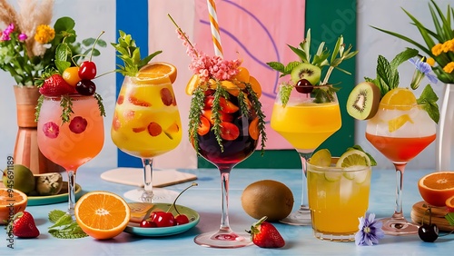 Freshening esthetic cocktails with fresh fruits and plants as decorations, concept photo