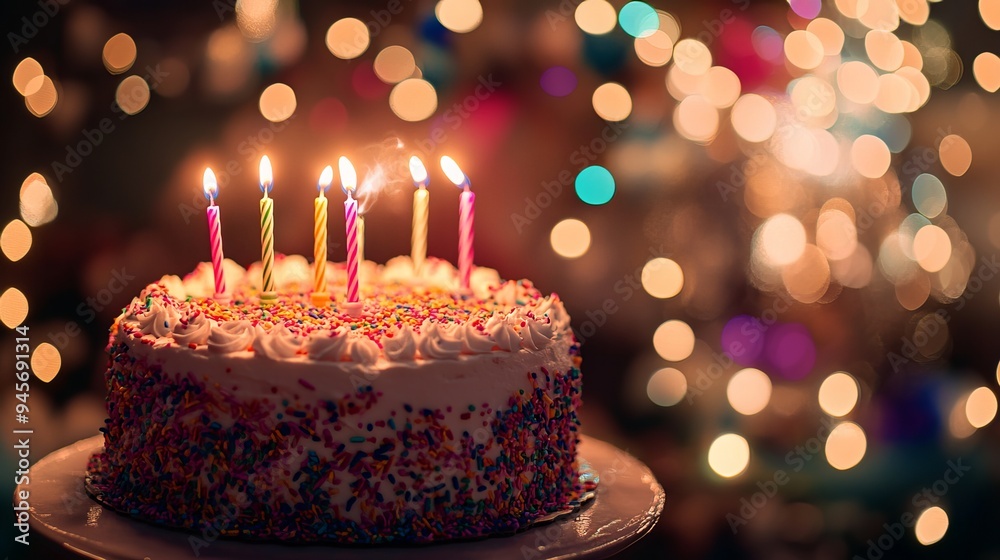 A vibrant birthday cake adorned with sugary sprinkles and glowing candles gleams amidst a backdrop of twinkling fairy lights. A vibrant birthday cake adorned with sugary sprinkles and glowing candles gleams amidst a backdrop of twinkling fairy lights.