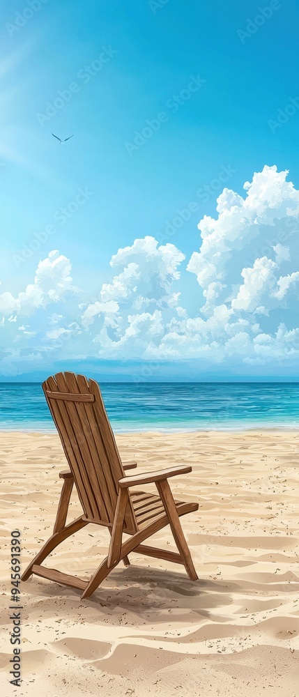 Fototapeta premium A serene beach scene featuring a wooden chair facing the tranquil ocean under a clear blue sky, perfect for relaxation.