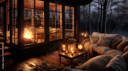 cabin fireplace windows night view photo