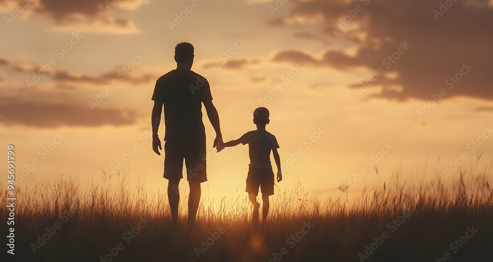 Silhouette of a Father and Son Holding Hands, Standing Together Against a Sunset, Capturing Themes of Family Bond, Love, and Togetherness, Perfect for Representing Generational Connection and Emotiona Silhouette of a Father and Son Holding Hands, Standing Together Against a Sunset, Capturing Themes of Family Bond, Love, and Togetherness, Perfect for Representing Generational Connection and Emotiona