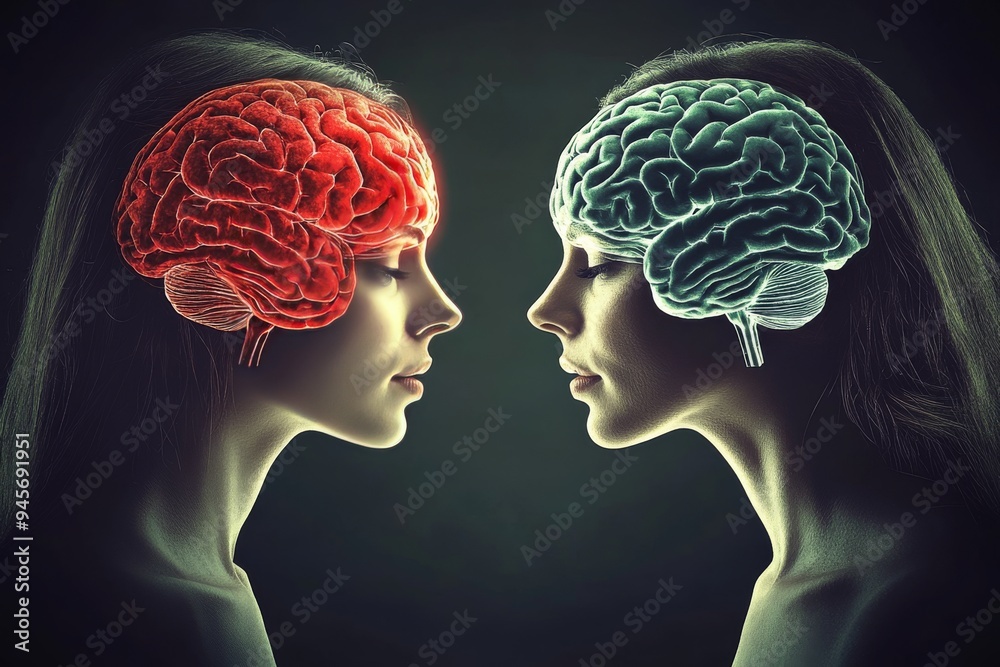 Profile of a Woman with Half Glowing Brain Depicting the Duality of Thought Cognitive Dissonance and the Balance Between Logic and Emotion in a Minimalist Composition Profile of a Woman with Half Glowing Brain Depicting the Duality of Thought Cognitive Dissonance and the Balance Between Logic and Emotion in a Minimalist Composition