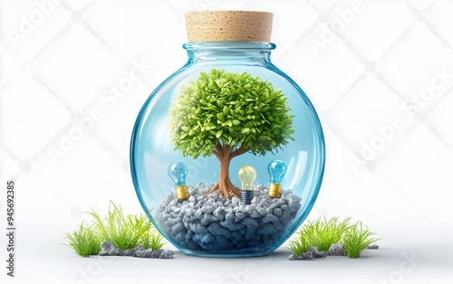 A charming glass terrarium featuring a lush tree, decorative stones, and soft lighting, symbolizing nature's beauty in a jar.