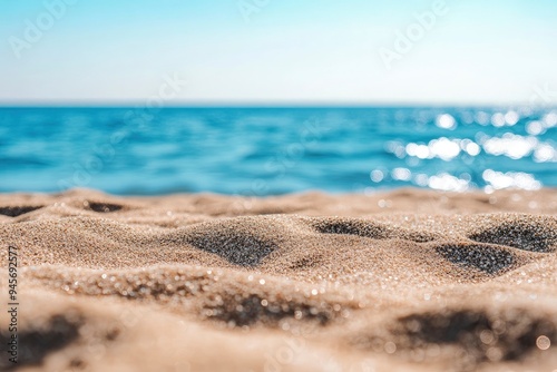 summer background of beach sand in the foreground and sea in the background , ai