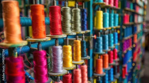 Colorful spools of thread on a rack in a factory.