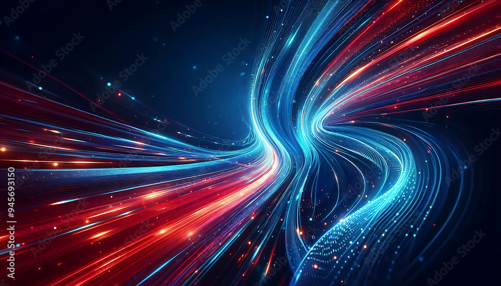 Obraz premium Abstract digital artwork featuring vibrant blue and red light trails swirling against a dark background with glowing dots that add depth and dimension to the design