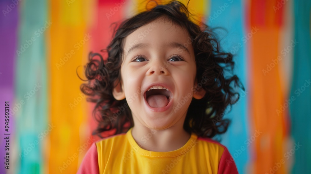 A cheerful young child with curly hair bursts into laughter, surrounded by vibrant colors, bringing joy to the atmosphere. Generative AI