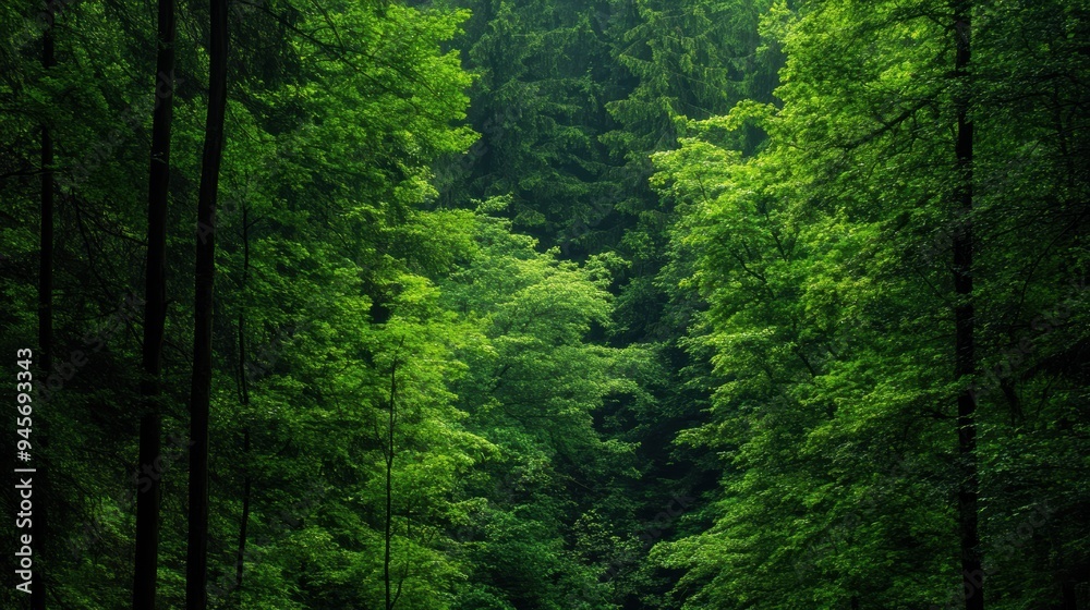 Serene Forest Morning with Lush Green Trees and Soft Light Filtering Through Serene Forest Morning with Lush Green Trees and Soft Light Filtering Through