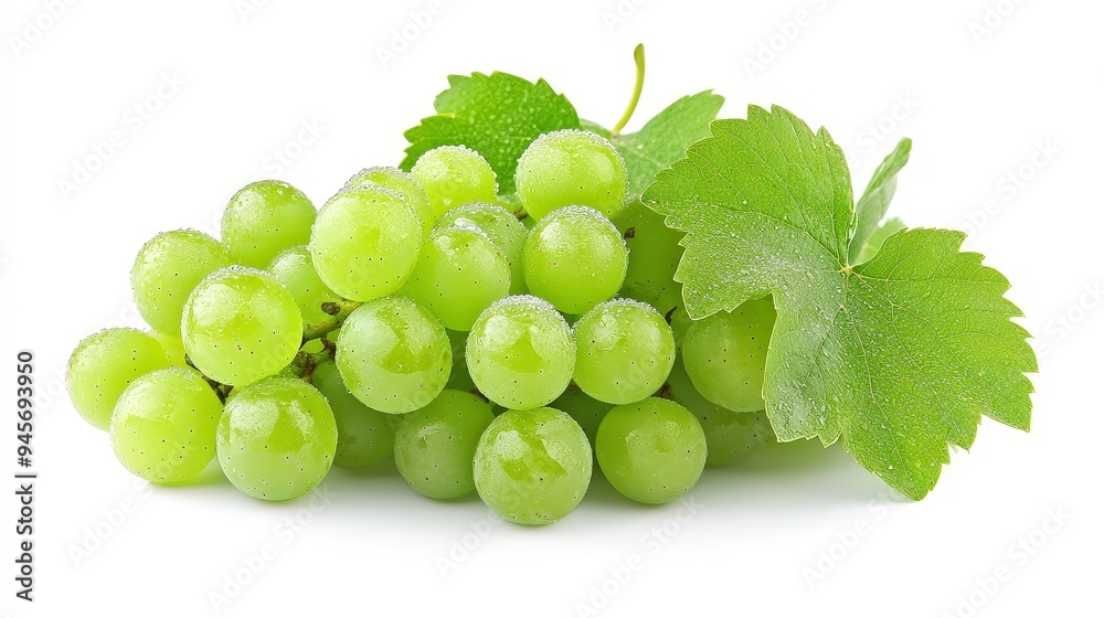 A cluster of fresh green grapes with leaves, showcasing their natural beauty and freshness. A cluster of fresh green grapes with leaves, showcasing their natural beauty and freshness.