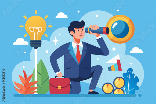 Creativity to help see business opportunity, vision to discover new solution or idea, curiosity, searching for success concept, businessman open lightbulb idea using binoculars to see business vision.