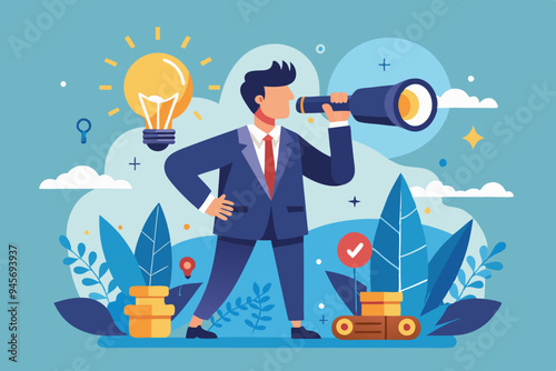 Creativity to help see business opportunity, vision to discover new solution or idea, curiosity, searching for success concept, businessman open lightbulb idea using binoculars to see business vision.