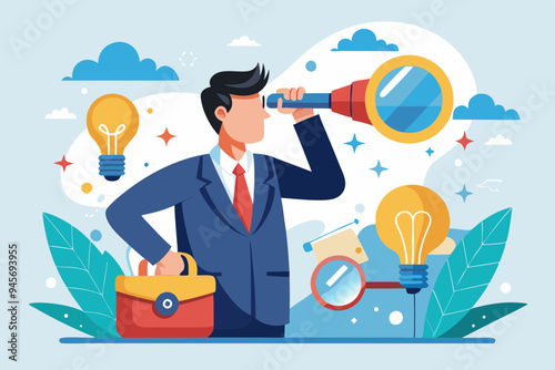 Creativity to help see business opportunity, vision to discover new solution or idea, curiosity, searching for success concept, businessman open lightbulb idea using binoculars to see business vision.