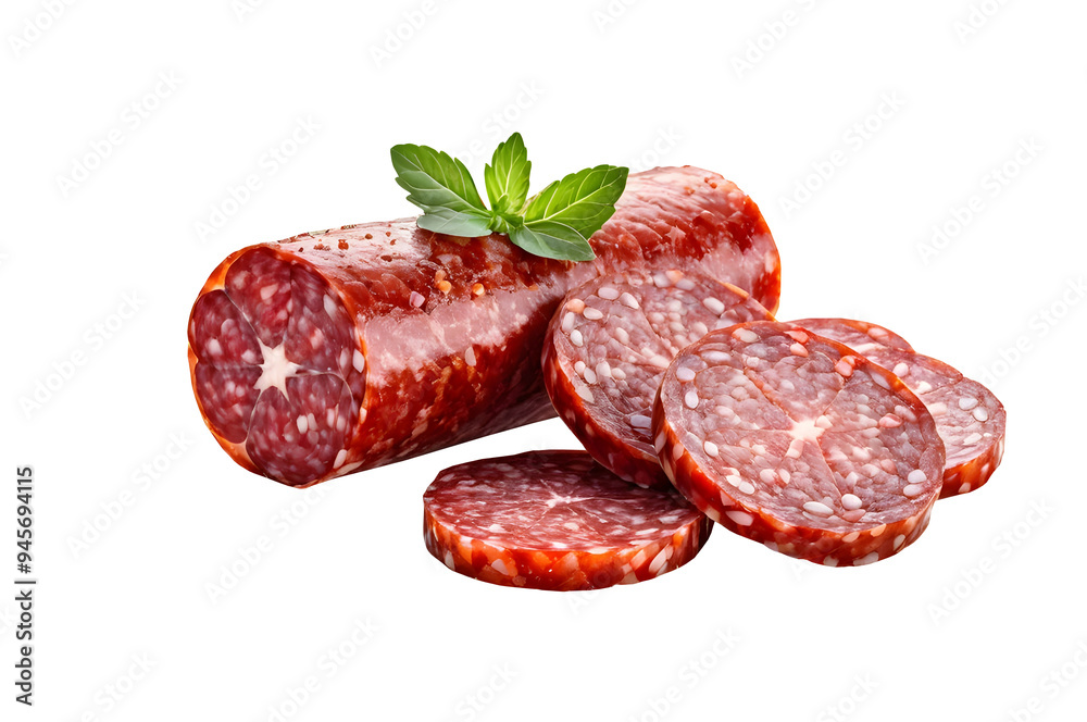 Salami sausage with slices isolated on a transparent or white background. Salami sausage with slices isolated on a transparent or white background.