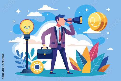 Creativity to help see business opportunity, vision to discover new solution or idea, curiosity, searching for success concept, businessman open lightbulb idea using binoculars to see business vision.