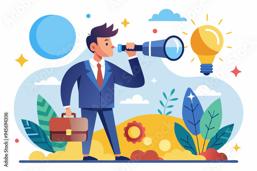 Creativity to help see business opportunity, vision to discover new solution or idea, curiosity, searching for success concept, businessman open lightbulb idea using binoculars to see business vision.