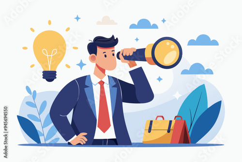 Creativity to help see business opportunity, vision to discover new solution or idea, curiosity, searching for success concept, businessman open lightbulb idea using binoculars to see business vision.