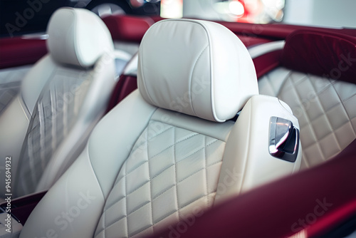 Luxury car inside. Interior of prestige modern car. Comfortable leather seats. Red perforarated leather cockpit with isolated white background.