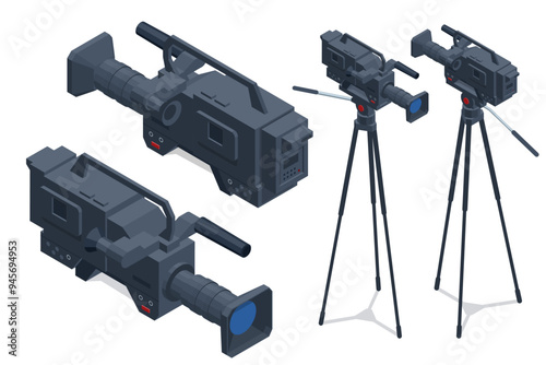 Isometric Professional digital video camera. The video camera with the microphone is standing on the tripod isolated on white, Concept of technology, modern, entertainment.