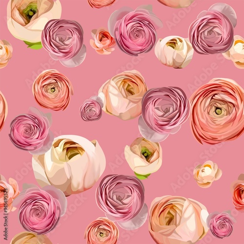 Seamless pattern of ranunculus buds in pastel colors. Modern type of printed art for wedding design, scrapbooking, branding, wallpaper, wrapping paper, printing. photo