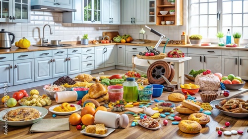 A chaotic kitchen overflowing with discarded diet fads, empty packaging, and abandoned exercise equipment, surrounded by calorie-laden treats and sugary snacks.