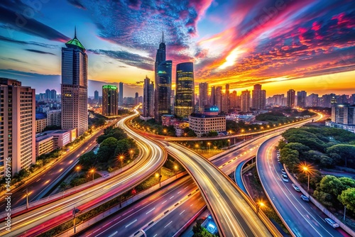 Vibrant cityscape at dusk with blurred traffic trails and streaks of light, capturing the dynamic energy of urban nightlife in a swirling kaleidoscope of color. photo