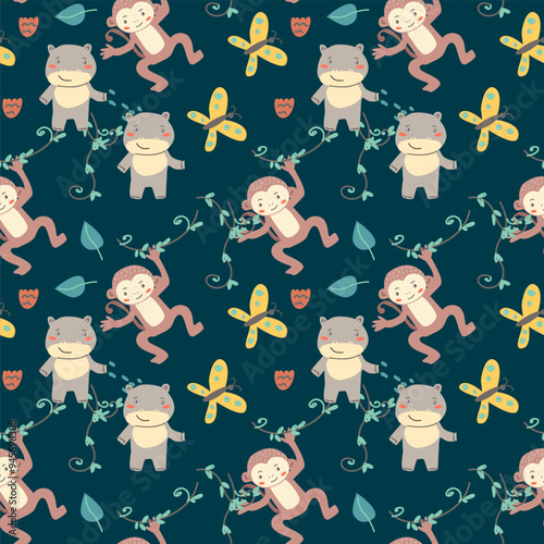 Childrens fashion pattern with baby animals. Cute safari african animals with plant - print. Childish seamless pattern for nursery design, kids textile, boys and girls fabric apparel.