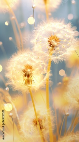 A rain scene with dandelion flower yellow plant. photo