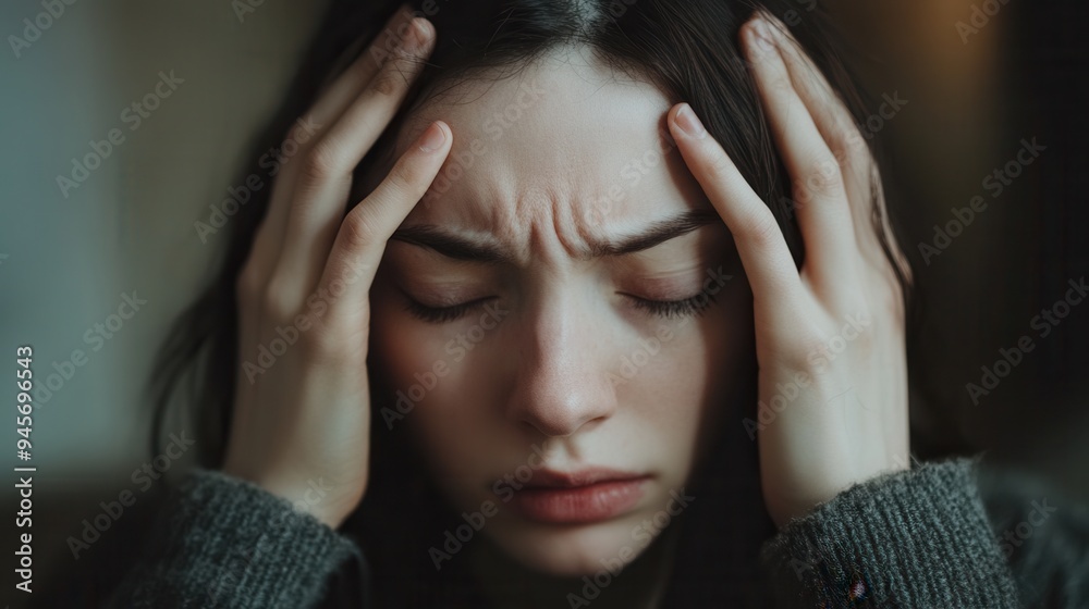 The woman appears troubled, with her hands on her head and eyes shut tightly, conveying her struggle with overwhelming thoughts and emotions. Generative AI The woman appears troubled, with her hands on her head and eyes shut tightly, conveying her struggle with overwhelming thoughts and emotions. Generative AI