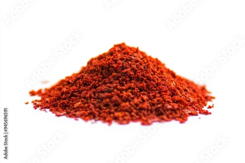 A mound of red spice, likely chili powder, on a white background.