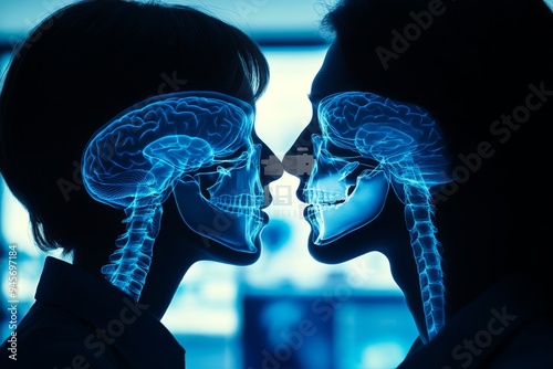 Futuristic depiction of two brains facing each other with skeletal features symbolizing the intersection of biological and intellectual worlds in a sci fi inspired design photo